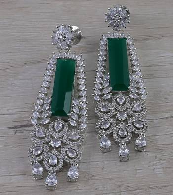 Rhodium Plated Green Stone Cubic Zirconia Designer Dangler Earrings 216ED634 1