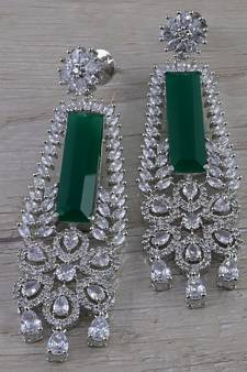 Rhodium Plated Green Stone Cubic Zirconia Designer Dangler Earrings 216ED634