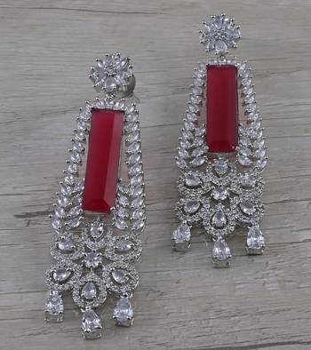 Rhodium Plated Ruby Stone Cubic Zirconia Designer Dangler Earrings 216ED635 1