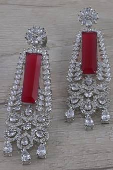 Rhodium Plated Ruby Stone Cubic Zirconia Designer Dangler Earrings 216ED635