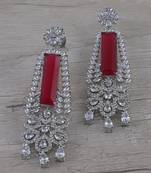 Rhodium Plated Ruby Stone Cubic Zirconia Designer Dangler Earrings 216ED635
