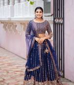 Navy Blue colour Georgette Sequins and Thread Embroidery Work Lehenga choli with Unstitched Blouse and Dupatta