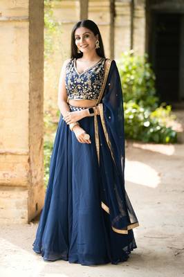 Navy Blue Georgette Mirror and Floral Embrodiered Lehenga Choli Set 3