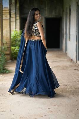 Navy Blue Georgette Mirror and Floral Embrodiered Lehenga Choli Set 4