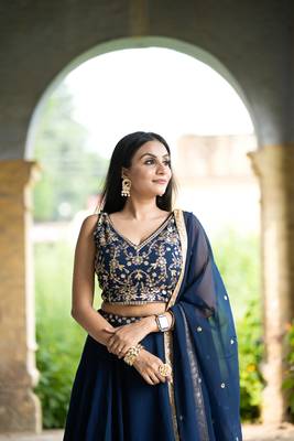 Navy Blue Georgette Mirror and Floral Embrodiered Lehenga Choli Set 5