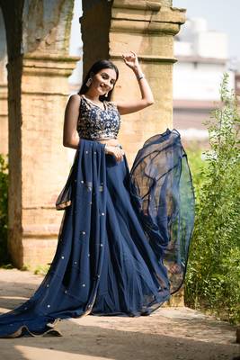 Navy Blue Georgette Mirror and Floral Embrodiered Lehenga Choli Set 6