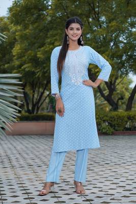 Women's Rayon Printed Ethnic Indian Wear Mirror Work Kurti With Pant 1