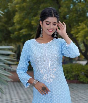 Women's Rayon Printed Ethnic Indian Wear Mirror Work Kurti With Pant 2