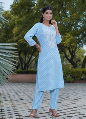 Women's Rayon Printed Ethnic Indian Wear Mirror Work Kurti With Pant 4
