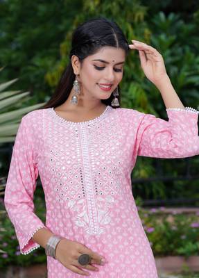 Indian Ethnic Wear A-Line Mirror Work Embroidered Rayon Printed Kurti With Pant 2