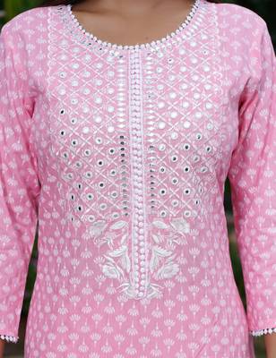 Indian Ethnic Wear A-Line Mirror Work Embroidered Rayon Printed Kurti With Pant 3