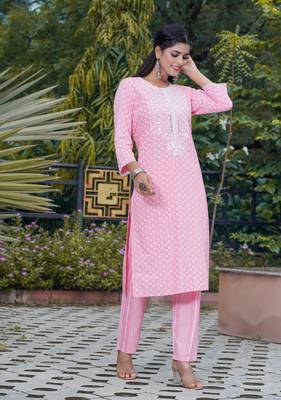 Indian Ethnic Wear A-Line Mirror Work Embroidered Rayon Printed Kurti With Pant 4