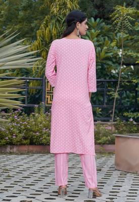 Indian Ethnic Wear A-Line Mirror Work Embroidered Rayon Printed Kurti With Pant 5