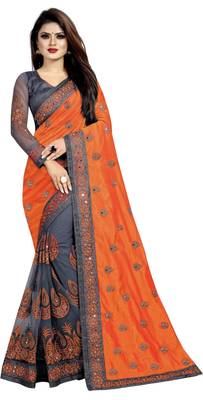 Orange embroidered silk saree with blouse 1