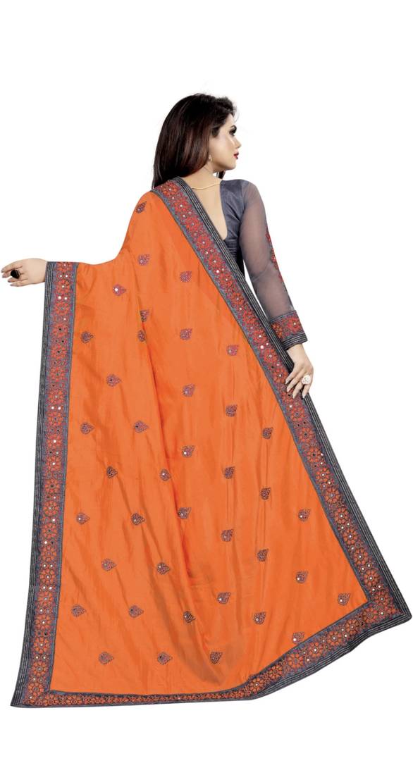 Orange embroidered silk saree with blouse