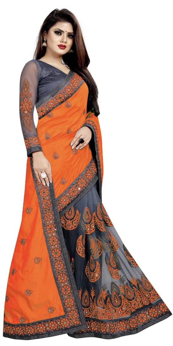 Orange embroidered silk saree with blouse
