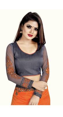 Orange embroidered silk saree with blouse 4
