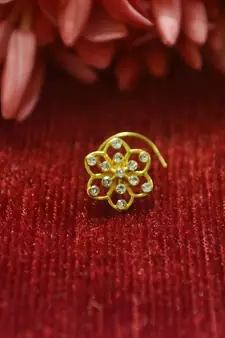 White Floral Designer Gold Plated diamond nosering or nosepin