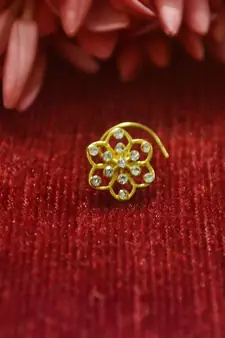 White Floral Designer Gold Plated diamond nosering or nosepin