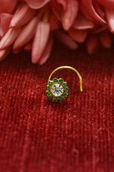 Green Floral Designer Gold Plated diamond nosering or nosepin
