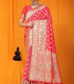 Peach woven kanchipuram silk saree with blouse