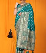 Turquoise woven kanchipuram silk saree with blouse