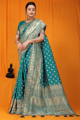 Turquoise woven kanchipuram silk saree with blouse 2