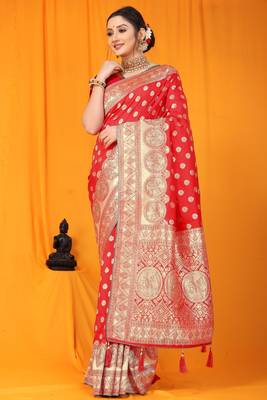 Red woven kanchipuram silk saree with blouse 1
