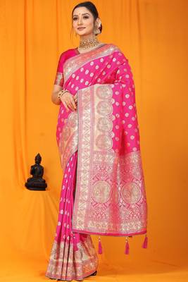 Pink woven kanchipuram silk saree with blouse 1