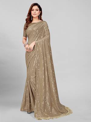 Beige Coloured Sequined Embroidered Georgette Saree with Blouse Piece 1