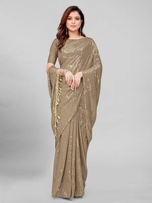 Beige Coloured Sequined Embroidered Georgette Saree with Blouse Piece 2