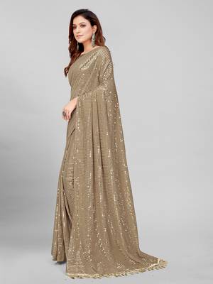Beige Coloured Sequined Embroidered Georgette Saree with Blouse Piece 3