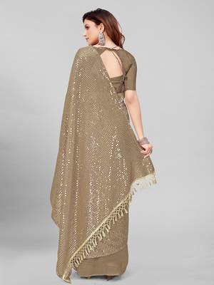 Beige Coloured Sequined Embroidered Georgette Saree with Blouse Piece 4
