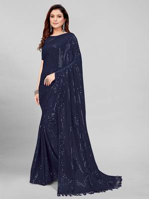 Navy Blue Coloured Sequined Embroidered Georgette Saree with Blouse Piece 1