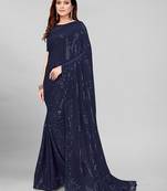 Navy Blue Coloured Sequined Embroidered Georgette Saree with Blouse Piece