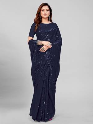 Navy Blue Coloured Sequined Embroidered Georgette Saree with Blouse Piece 2