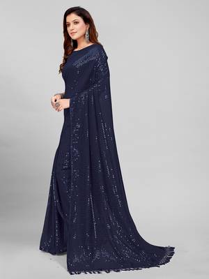 Navy Blue Coloured Sequined Embroidered Georgette Saree with Blouse Piece 3