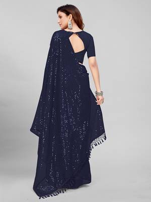 Navy Blue Coloured Sequined Embroidered Georgette Saree with Blouse Piece 4