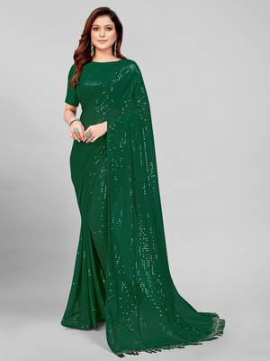 Green Coloured Sequined Embroidered Georgette Saree with Blouse Piece 1