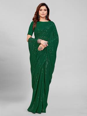 Green Coloured Sequined Embroidered Georgette Saree with Blouse Piece 2