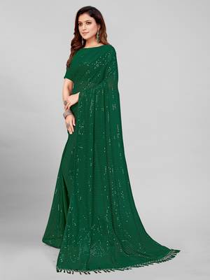 Green Coloured Sequined Embroidered Georgette Saree with Blouse Piece 3