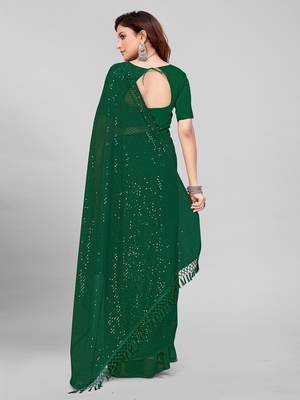 Green Coloured Sequined Embroidered Georgette Saree with Blouse Piece 4