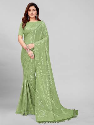 Fluorescent Green Coloured Sequined Embroidered Georgette Saree with Blouse Piece 1