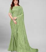 Fluorescent Green Coloured Sequined Embroidered Georgette Saree with Blouse Piece