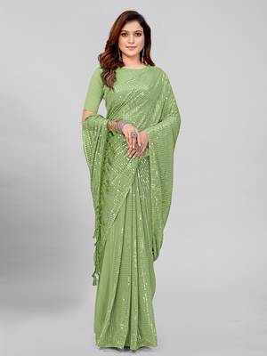 Fluorescent Green Coloured Sequined Embroidered Georgette Saree with Blouse Piece 2