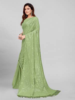 Fluorescent Green Coloured Sequined Embroidered Georgette Saree with Blouse Piece 3