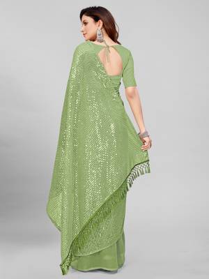 Fluorescent Green Coloured Sequined Embroidered Georgette Saree with Blouse Piece 4