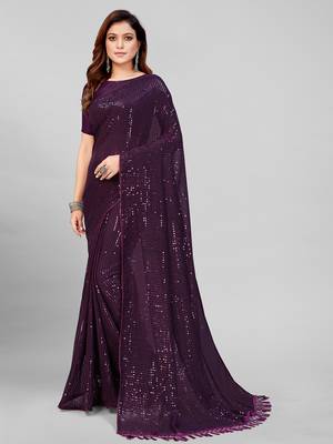 Purple Coloured Sequined Embroidered Georgette Saree with Blouse Piece 1