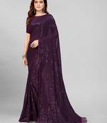 Purple Coloured Sequined Embroidered Georgette Saree with Blouse Piece