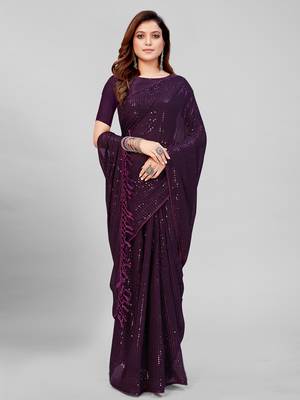 Purple Coloured Sequined Embroidered Georgette Saree with Blouse Piece 2